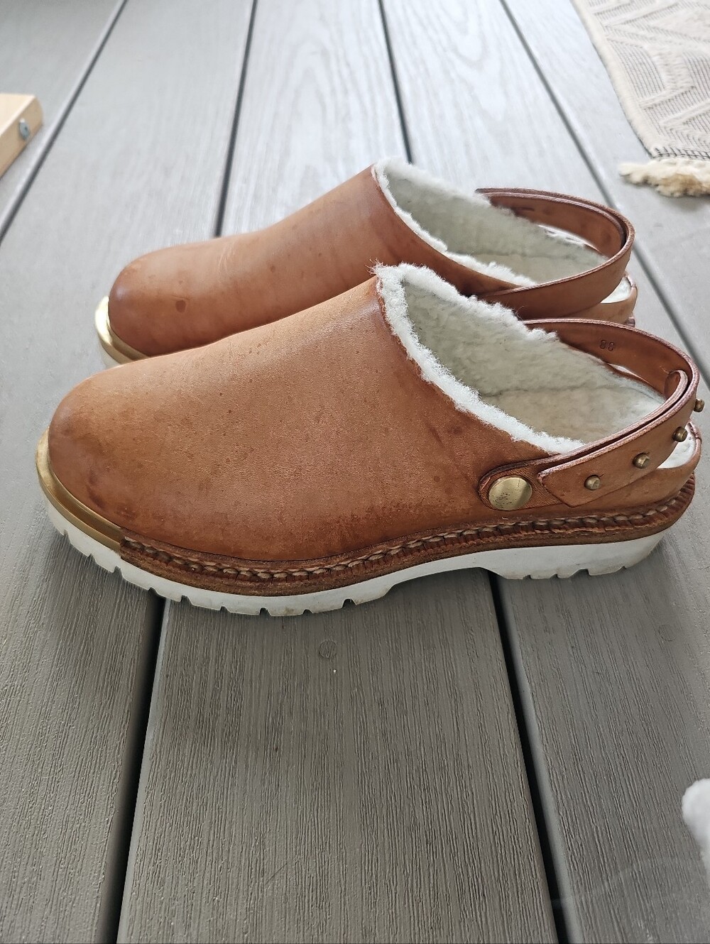 FEIT Gardening Clogs Brown Leather Shearling, Adjustable Strap Sz 38, 8 US